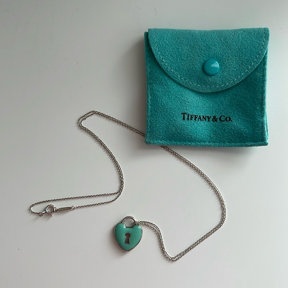 Tiffany & Co Blue Enamel Heart Lock Necklace